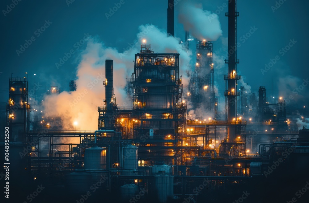 Industrial Manufacturing Plant at Night with Illuminated Lights