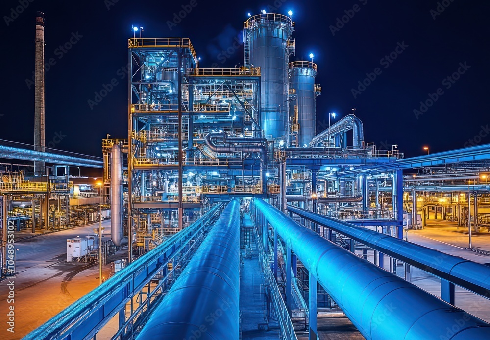 Obraz premium Industrial Refinery Complex Illuminated At Night