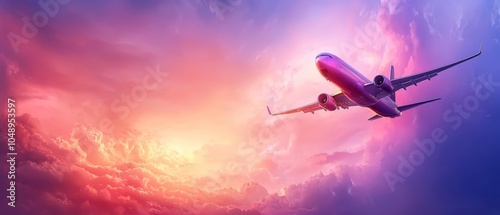  A large jetliner traverses a cloudy sky, overlapping a pink and purple cloud-filled expanse above