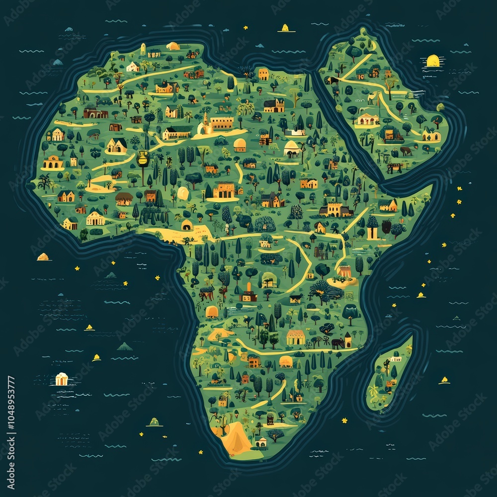 Vector map of Africa with symbols representing various tribes and ...