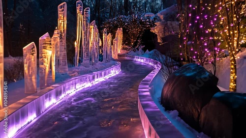 An ice sculpture display illuminates a pathway at night, creating a magical winter wonderland