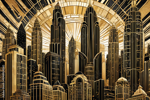 Art deco skyscraper cityscape in graphic style