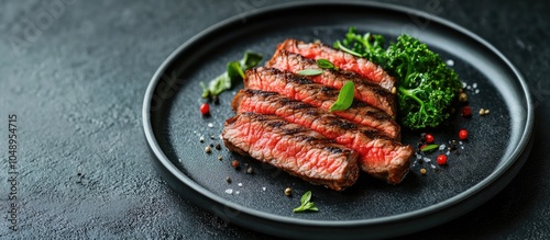 Traditional barbecue dry aged sliced wagyu sirloin beef steak with kalette and herbs presented in close up on a modern design plate with copyspace photo