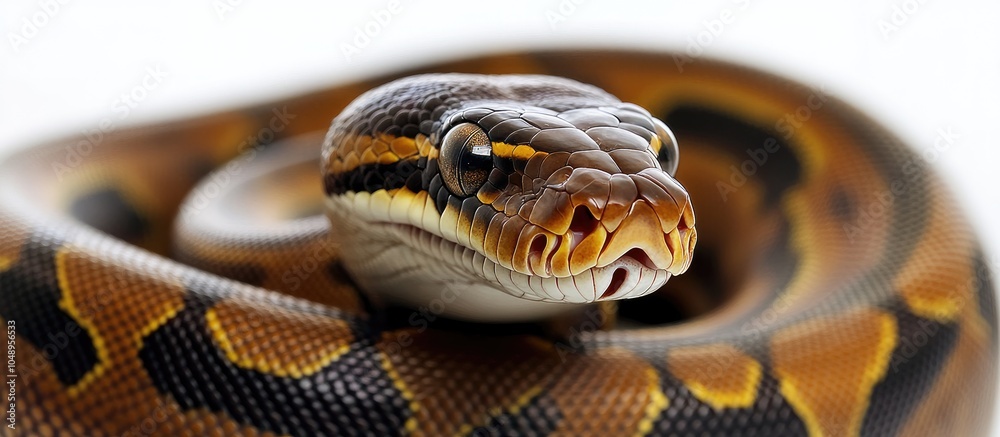 Fototapeta premium Reticulated Python Python reticulatus set against a white background. with copy space image. Place for adding text or design