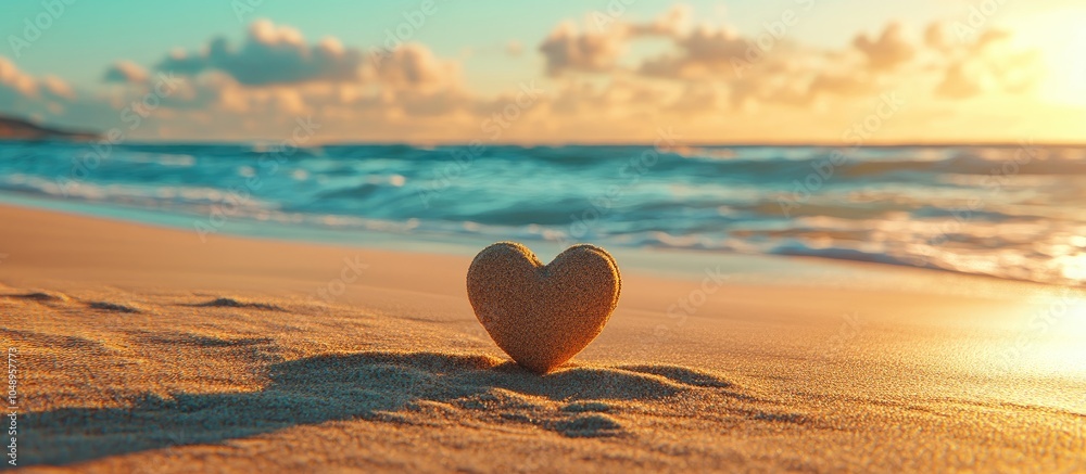 Fototapeta premium Heart created in the sand with a beach backdrop. with copy space image. Place for adding text or design