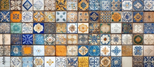 Beautiful collection of various traditional Portuguese tiles known as azulejos. with copy space image. Place for adding text or design