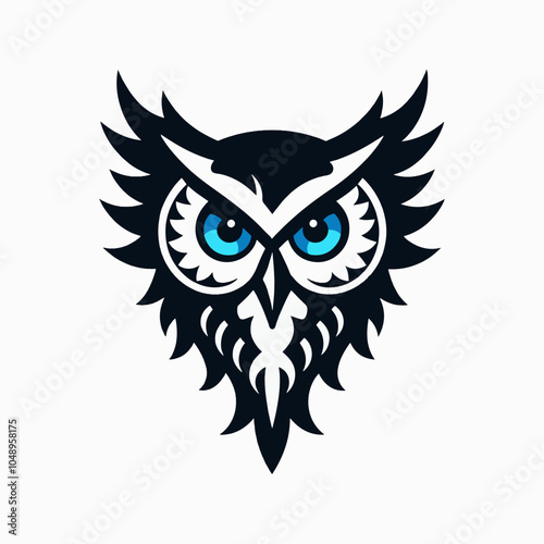 Blue ornamental owl in decorative floral design, intricate illustration. illustration of a geometric owl logo in pastel colors in flat colors isolated on a white transparent background