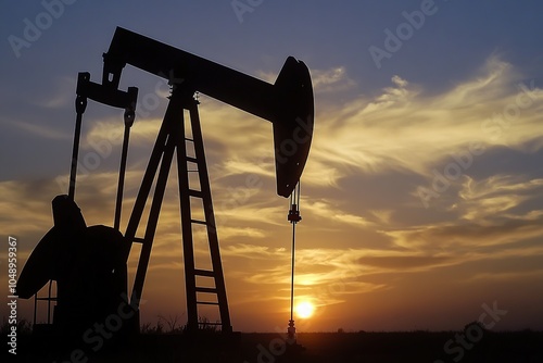 Silhouette of an oil pump with the sun setting in the background photo