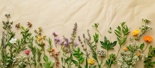 Obraz na płótnie Herb and flower collection utilized in natural healing herbal medicine culinary seasoning and decoration Health care nature concept on a hemp paper background Flat lay top view copy space w salonie