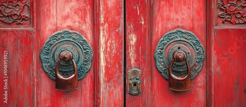 Closeup of an oriental style vintage door handle on the patterned frames of red double door panels of an antique door Details of the red painted ornate wooden door. with copy space image