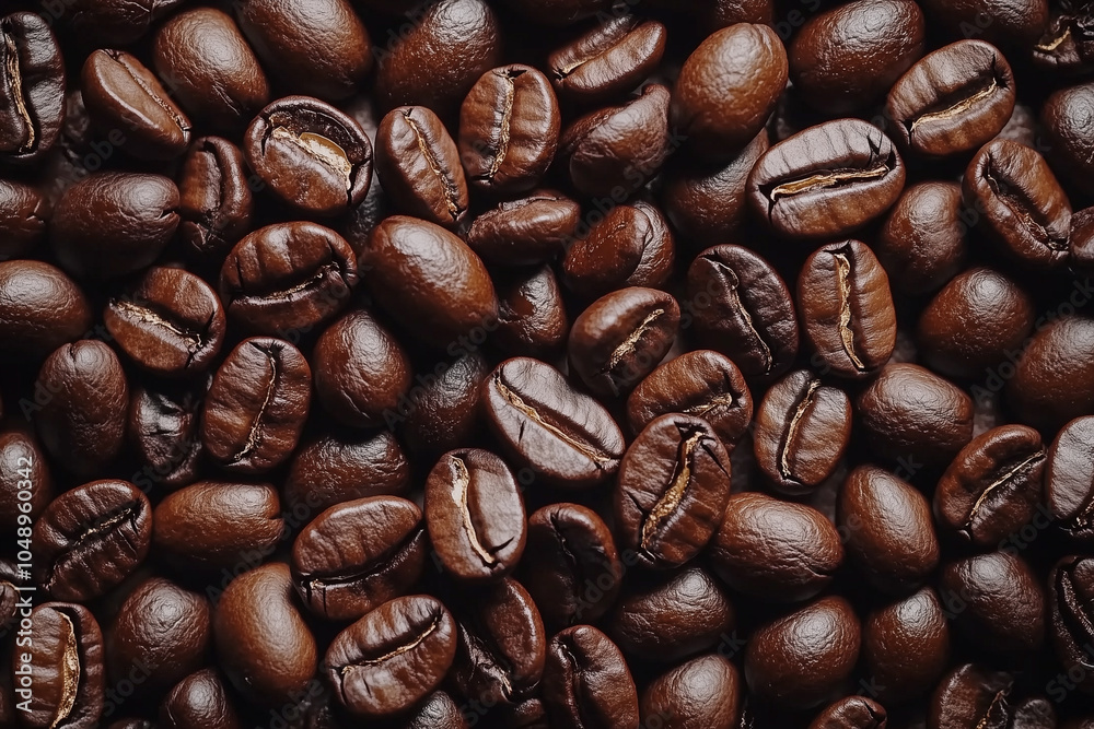Obraz premium Richly roasted coffee beans scattered across a rustic wooden surface in soft morning light. Generative AI