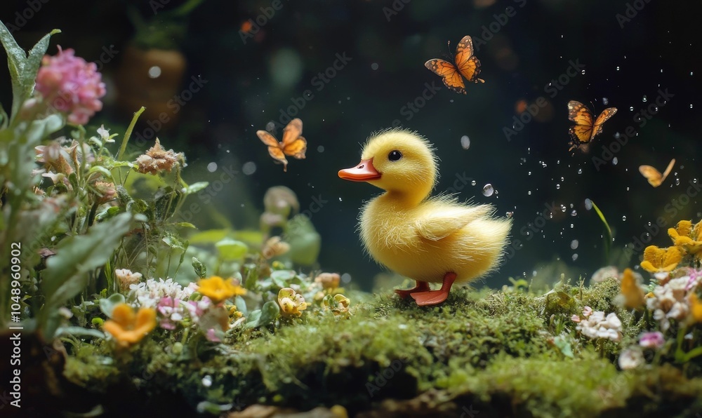 Duckling in a mossy garden with butterflies. Duckling in a mossy garden with butterflies.