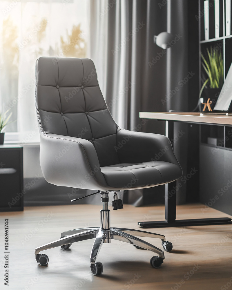 Fototapeta premium modern grey office chair with chrome base in a minimalist home office