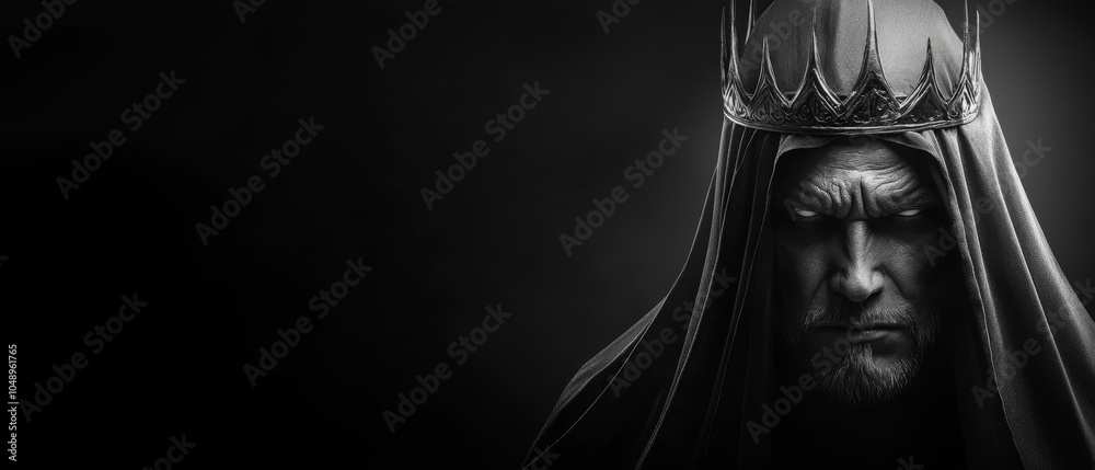  A monochrome image of a man donning a robe and wearing a crown