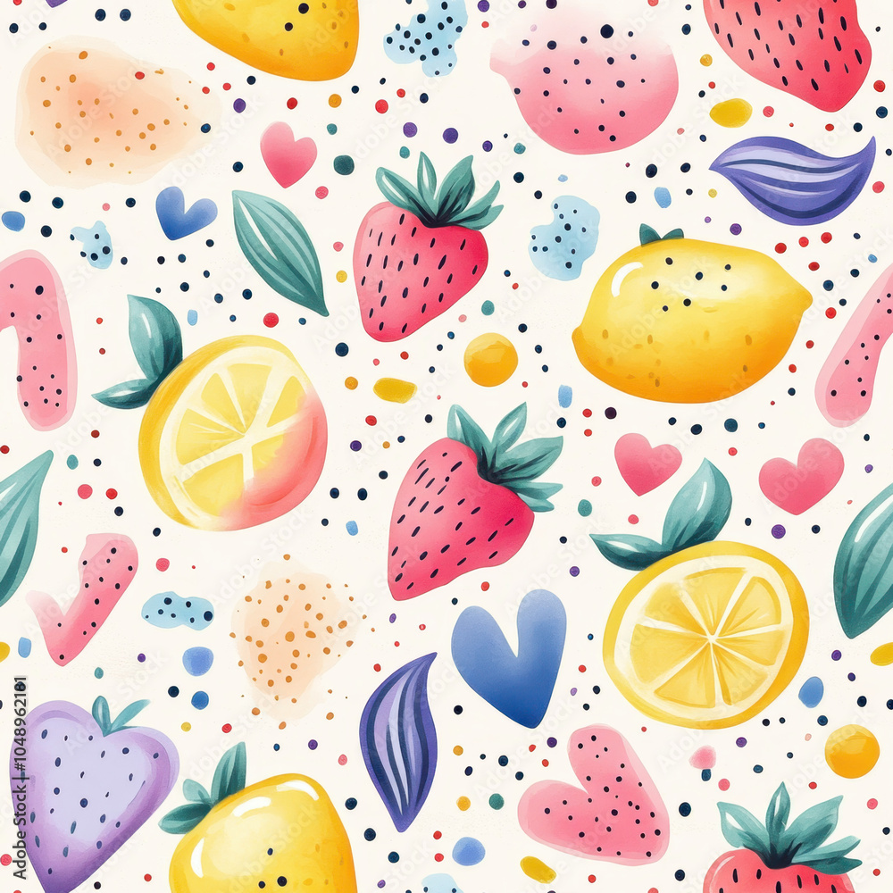 A vibrant, playful pattern featuring various fruits like strawberries, lemons, and berries alongside whimsical hearts and dots. A vibrant, playful pattern featuring various fruits like strawberries, lemons, and berries alongside whimsical hearts and dots.
