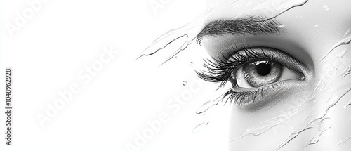  A woman's eye, focused closely, with water cascading upon her forehead photo