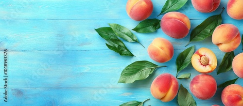 Ripe peaches and green leav...