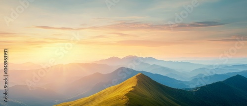  A mountain range's peaks concealed by early morning clouds part, revealing the sun ascending Sunbeams permeate the dissipating fog photo