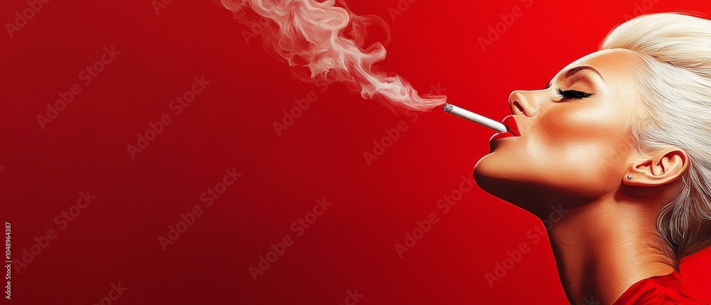Fototapeta premium A woman holds a cigarette between her lips on a red backdrop, emitting smoke