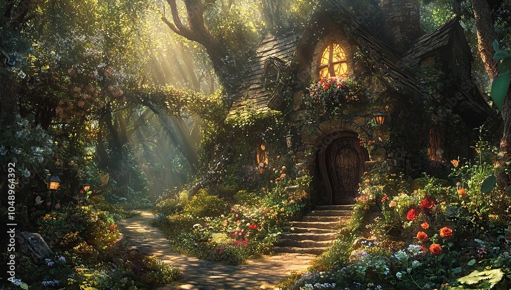 Fototapeta premium A fantasy garden with an enchanted cottage, surrounded by lush greenery and blooming flowers