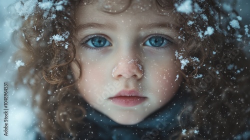 Close-Up Portrait of Young Girl with Snowflakes in Curly Hair - Winter Magic and Innocence