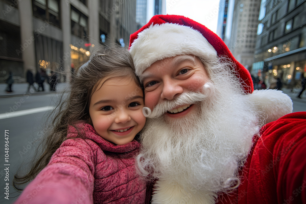 smiling Santa Claus taking a selfie with a cute little girl in the city, Generative AI smiling Santa Claus taking a selfie with a cute little girl in the city, Generative AI