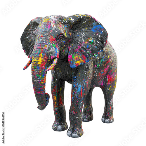 Elephant with vibrant paint splatters, isolated on a white background. PNG transparent. photo