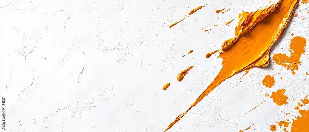  A white and orange wall adorned with paint splatters In its midst, a paper rests