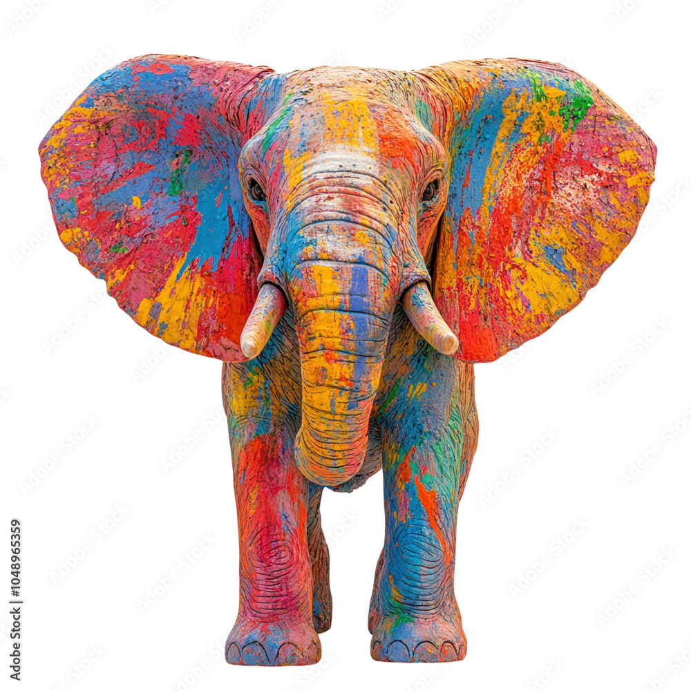 Obraz premium Elephant with vibrant paint splatters, isolated on a white background. PNG transparent.