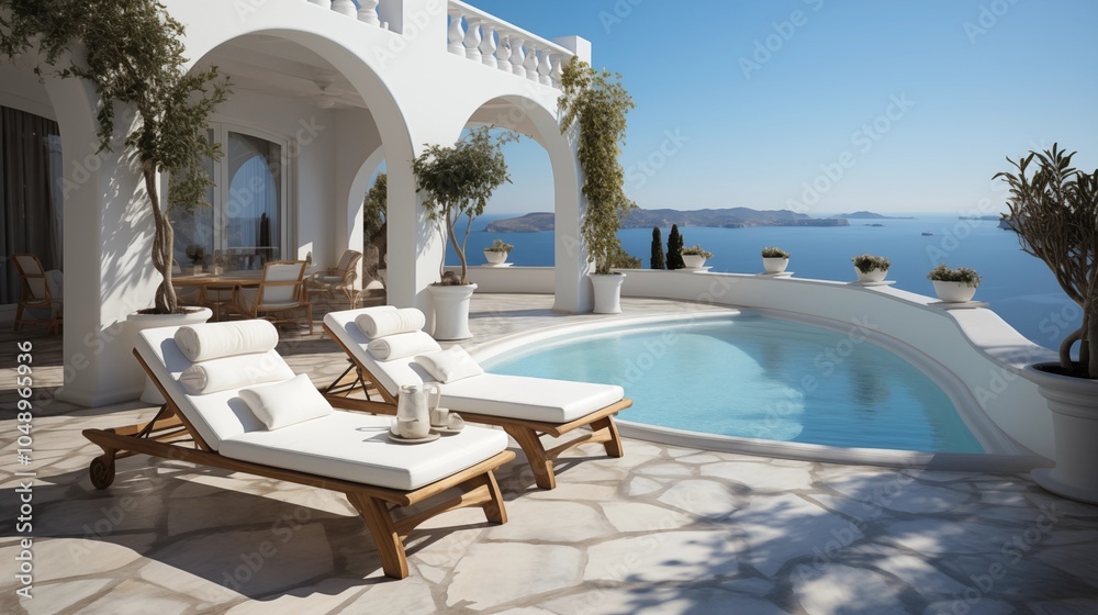 Fototapeta premium Enjoy summer vibes on a terrace with deck chairs overlooking a beautiful sea view, framed by traditional Mediterranean architecture.