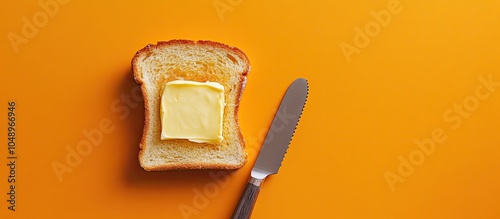 Spreading butter on toast using a knife Orange background Top view. with copy space image. Place for adding text or design photo