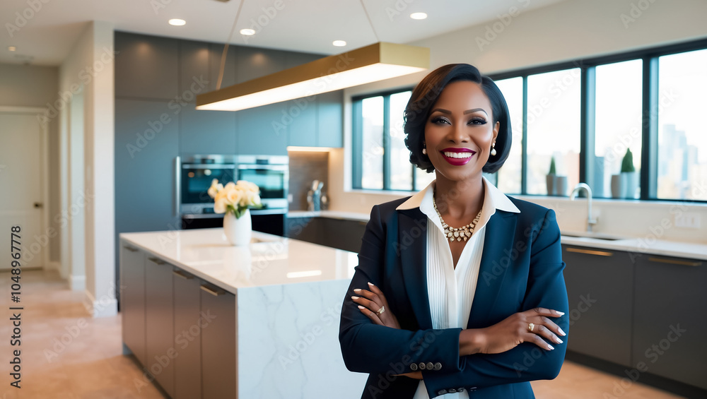 Beautiful positive smiling African American woman realtor in the kitchen in a new apartment Beautiful positive smiling African American woman realtor in the kitchen in a new apartment