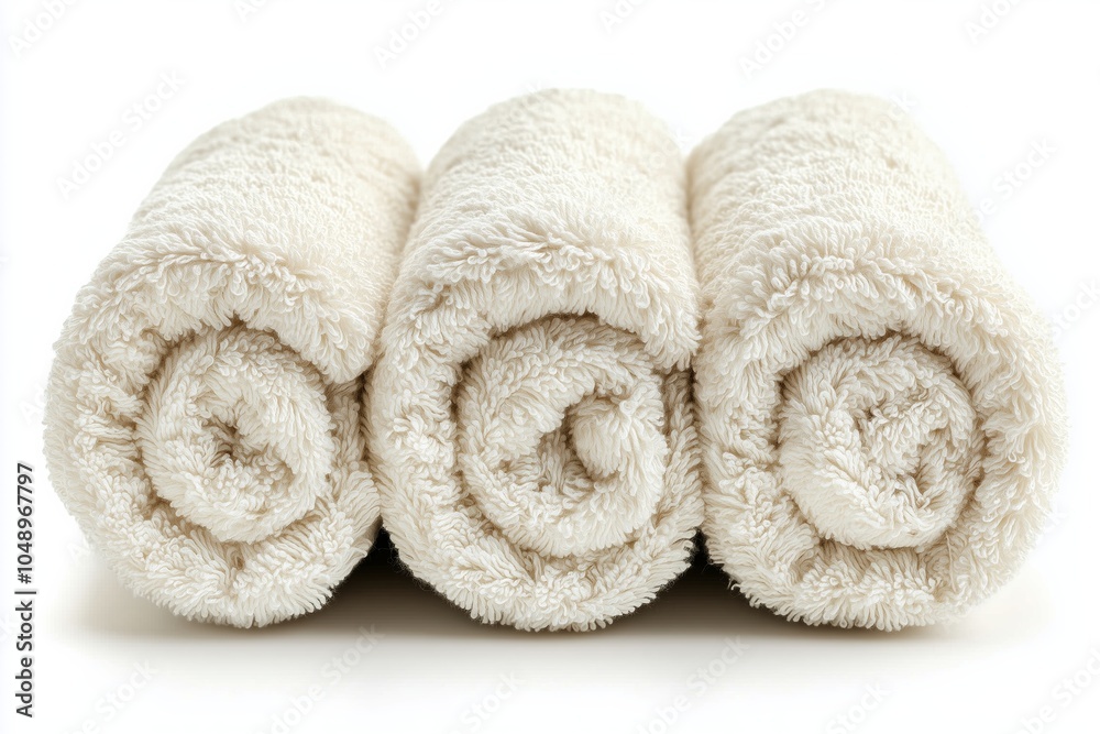 A close-up image of three neatly rolled white towels, placed side by side on a white surface. A close-up image of three neatly rolled white towels, placed side by side on a white surface.