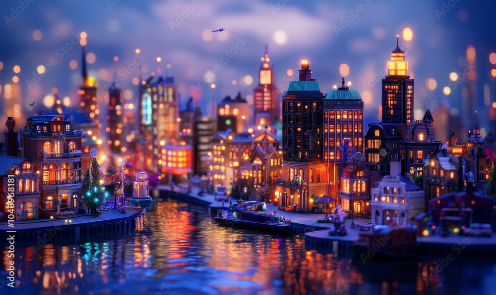 Fototapeta premium A miniature city lit by night.