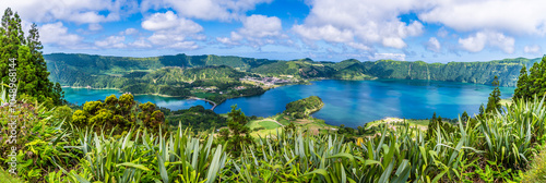 A panorama view across the Green and Blue lakes in the Seven Cities region on the island of San Miguel in the Azores in summertime