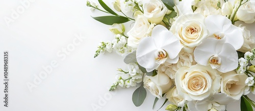 Lovely wedding bouquet featuring white roses and orchids against a white background with copy space