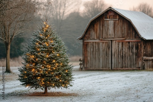 Lit Christmas tree on snowy ground near rustic barn