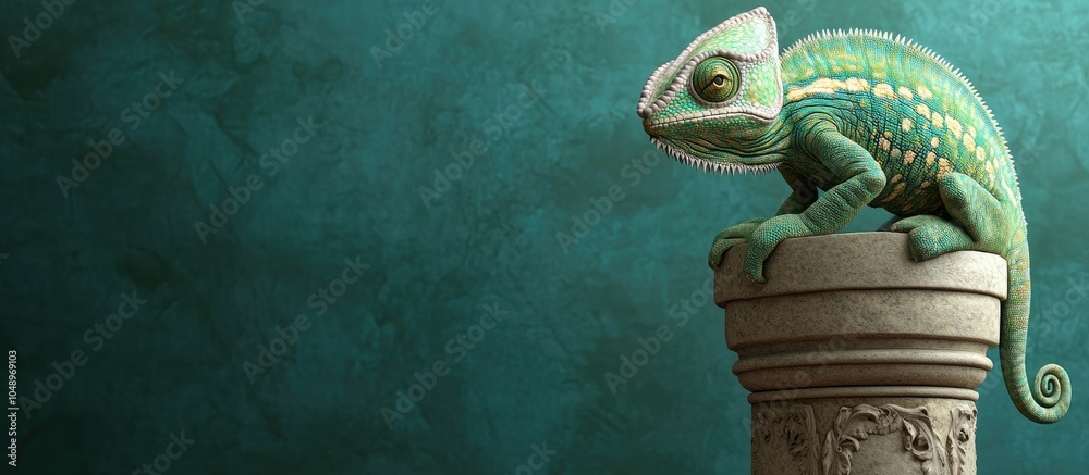 Fototapeta premium Chameleon perched on a pillar with a green backdrop. with copy space image. Place for adding text or design