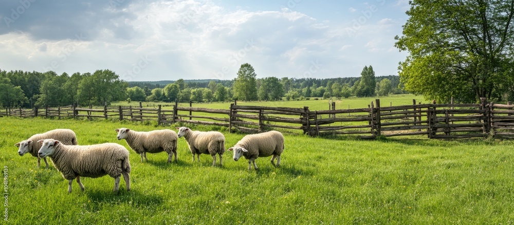 Sheep grazing in a green pasture close to a wooden corral in the countryside. with copy space image. Place for adding text or design