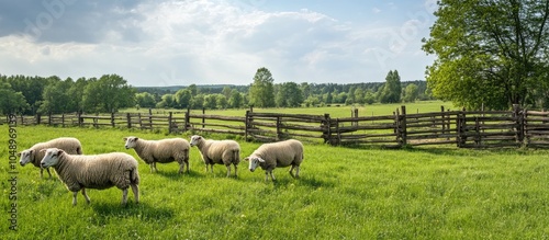 Obraz na płótnie Sheep grazing in a green pasture close to a wooden corral in the countryside. with copy space image. Place for adding text or design w salonie