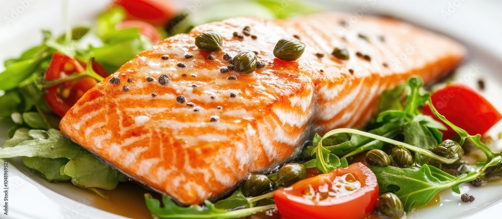 Closeup of delicious cooked salmon with capers and salad presented on the table. with copy space image. Place for adding text or design Closeup of delicious cooked salmon with capers and salad presented on the table. with copy space image. Place for adding text or design