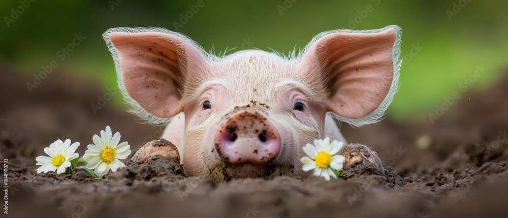 custom made wallpaper toronto digital A pig peeks out of a hole in the ground, daisies in its mouth, gazing at the camera