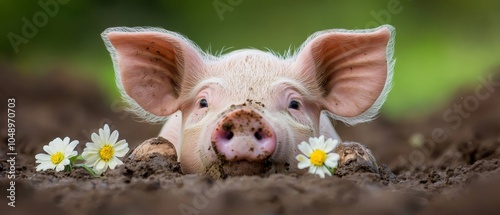 Wallpaper Mural  A pig peeks out of a hole in the ground, daisies in its mouth, gazing at the camera Torontodigital.ca