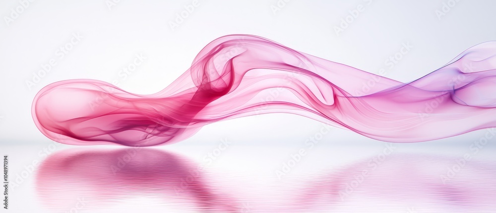 A pink wave of smoke against a pristine white backdrop; below, a reflective foreground mirrors still waters Above, reflections of gentle light dance in the background A pink wave of smoke against a pristine white backdrop; below, a reflective foreground mirrors still waters Above, reflections of gentle light dance in the background
