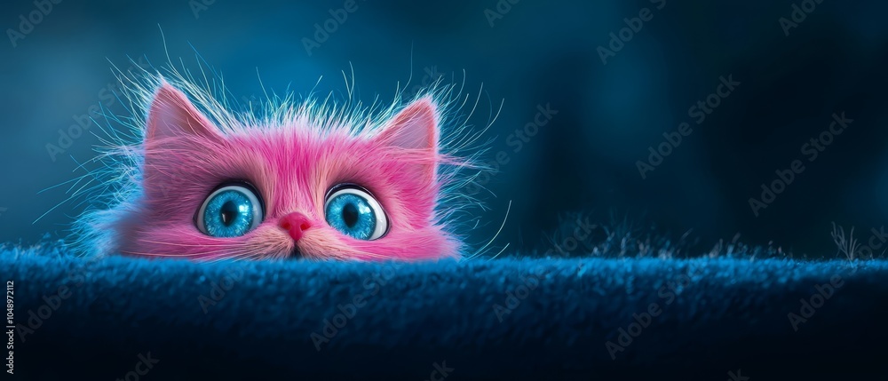A pink cat with large blue eyes peeks out from behind a ground covered in blue grass The foreground features more grass A pink cat with large blue eyes peeks out from behind a ground covered in blue grass The foreground features more grass