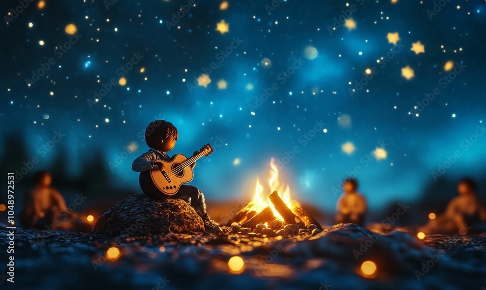 Naklejka premium Person playing guitar by campfire under starry sky.