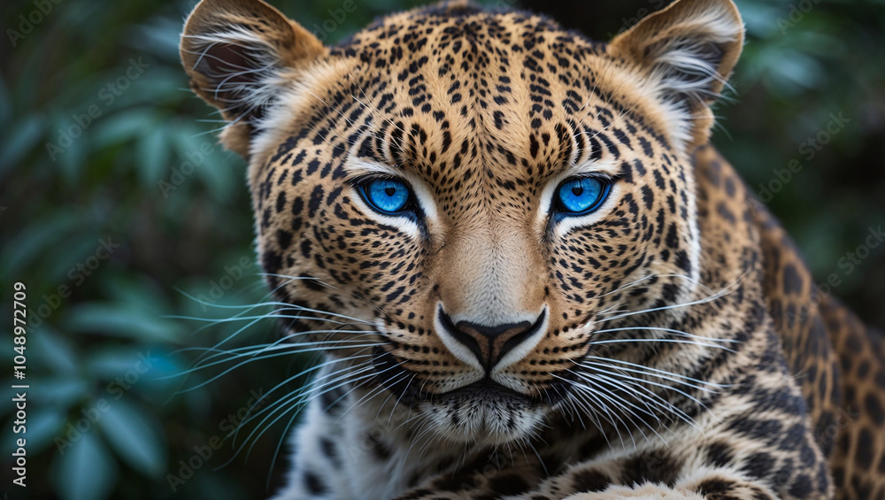 Fototapeta premium A leopard with striking blue eyes, close-up view.