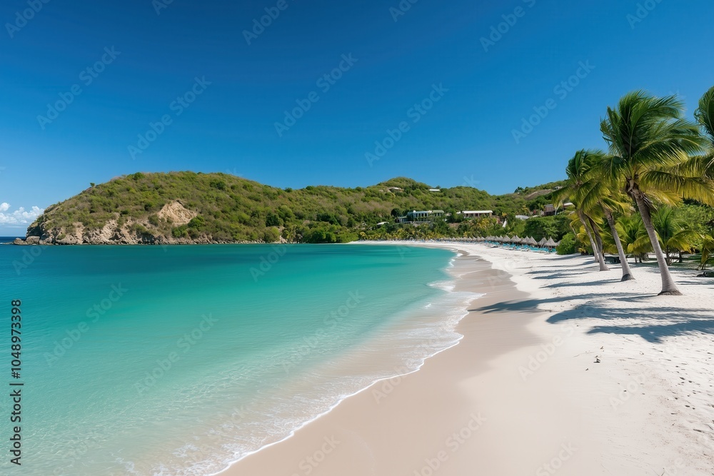 Pristine Caribbean Beach with Turquoise Water and Palm Trees Pristine Caribbean Beach with Turquoise Water and Palm Trees