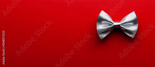 Silver Bow Tie on Red Background Minimalist Fashion Accessory Photography, Silver Bow Tie on Red Background Minimalist Fashion Accessory P