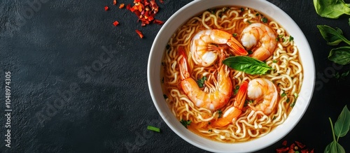 Close up of noodles soup wi...